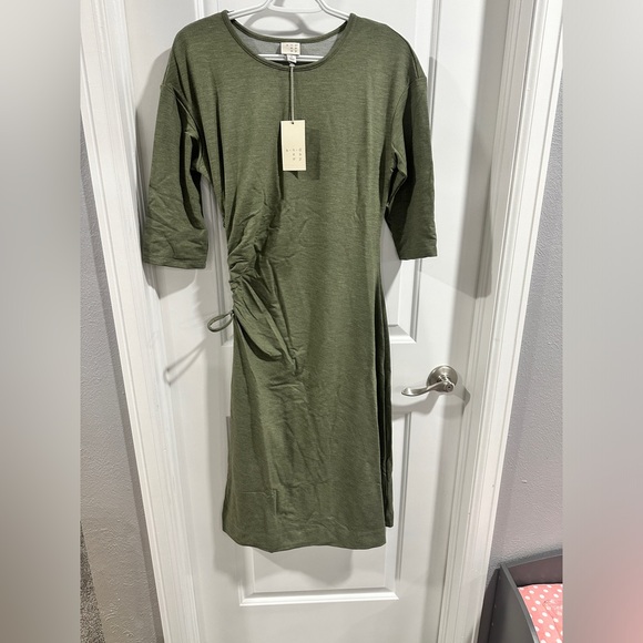 NWT A New Day Three Quarter Sleeve Olive Heather Ruched Tie Waist Dress - Picture 2 of 13